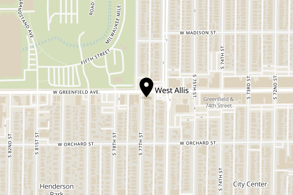 Map showing the location of Ruta's Fresh Indian Fare on 7629 W Greenfield Ave in West Allis